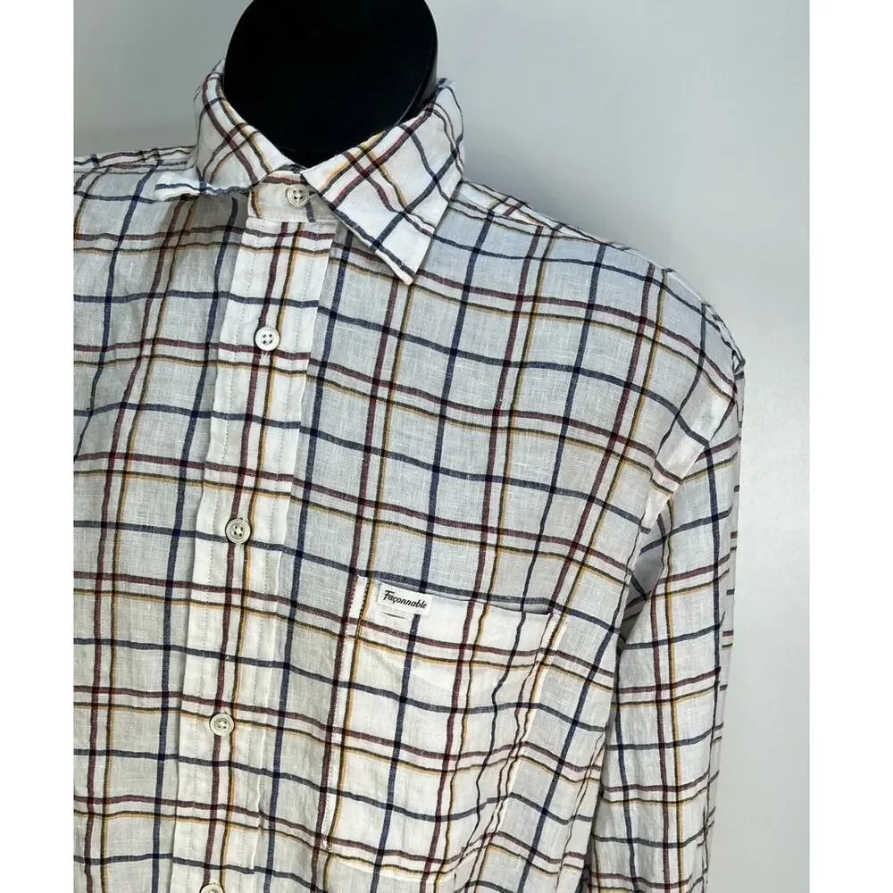 Faconnable Windowpane Linen Button Up Shirt White